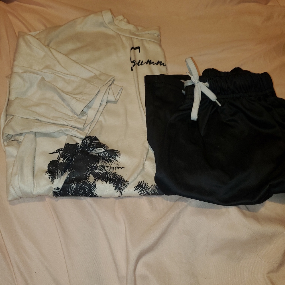 Beige and Black Palm Tree T-Shirt and Shorts Set